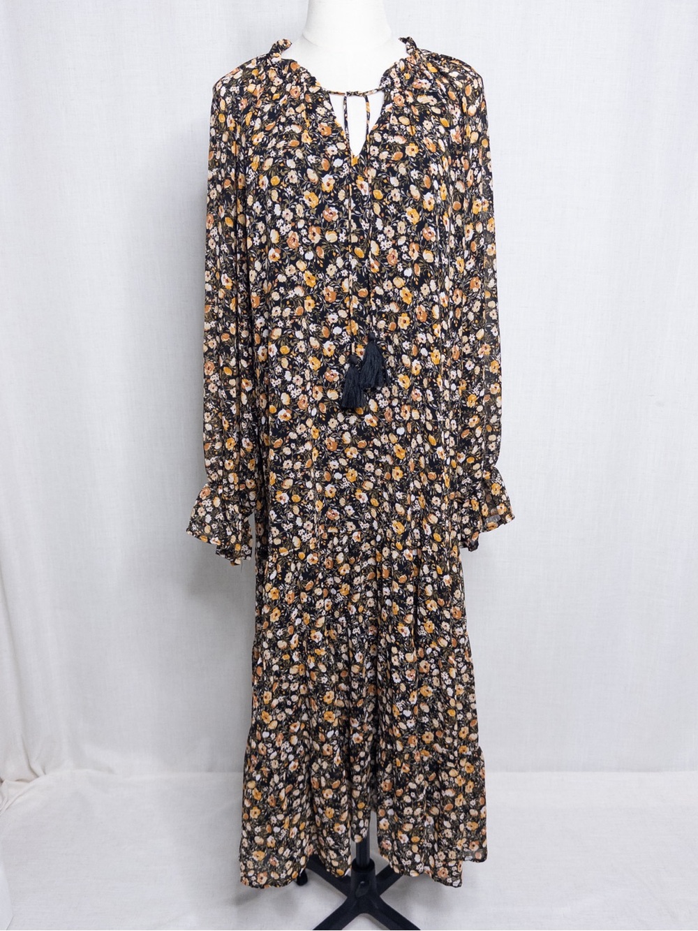 GIGIO Floral Maxi Dress Boho Long Sleeve Black Cream Size Small